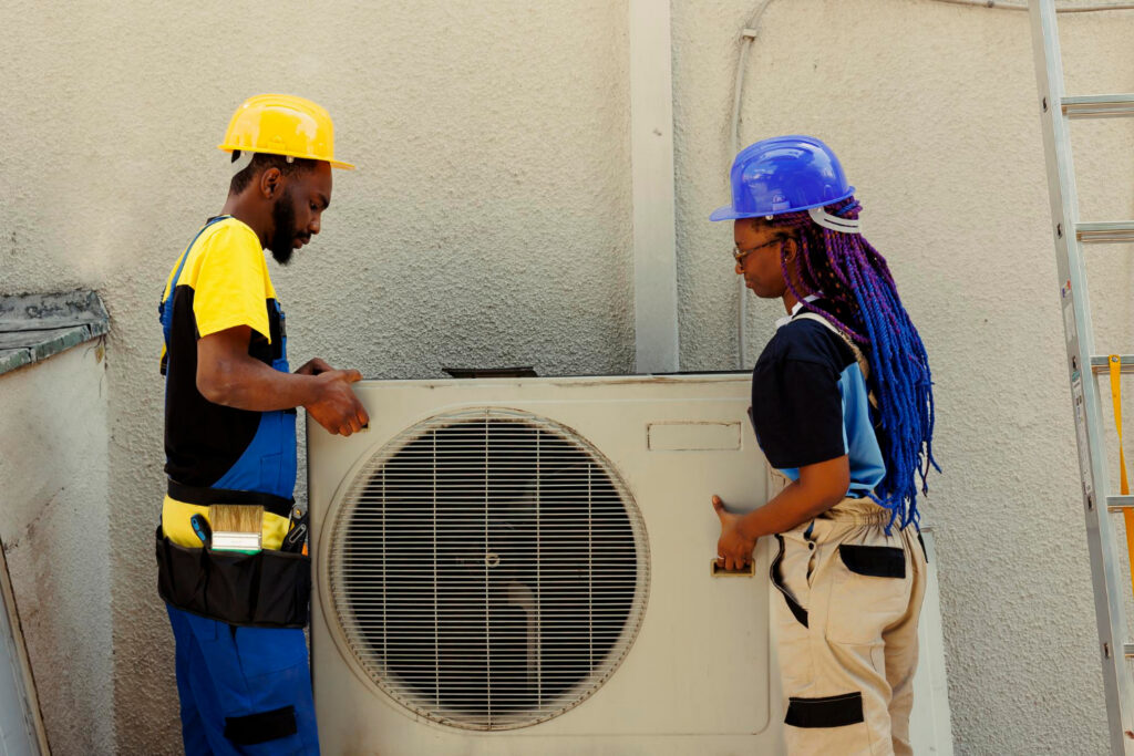 african american engineering coworkers opening up rusty out service air conditioner replace it with new performant outside condenser after draining refrigerant replacing ductwork